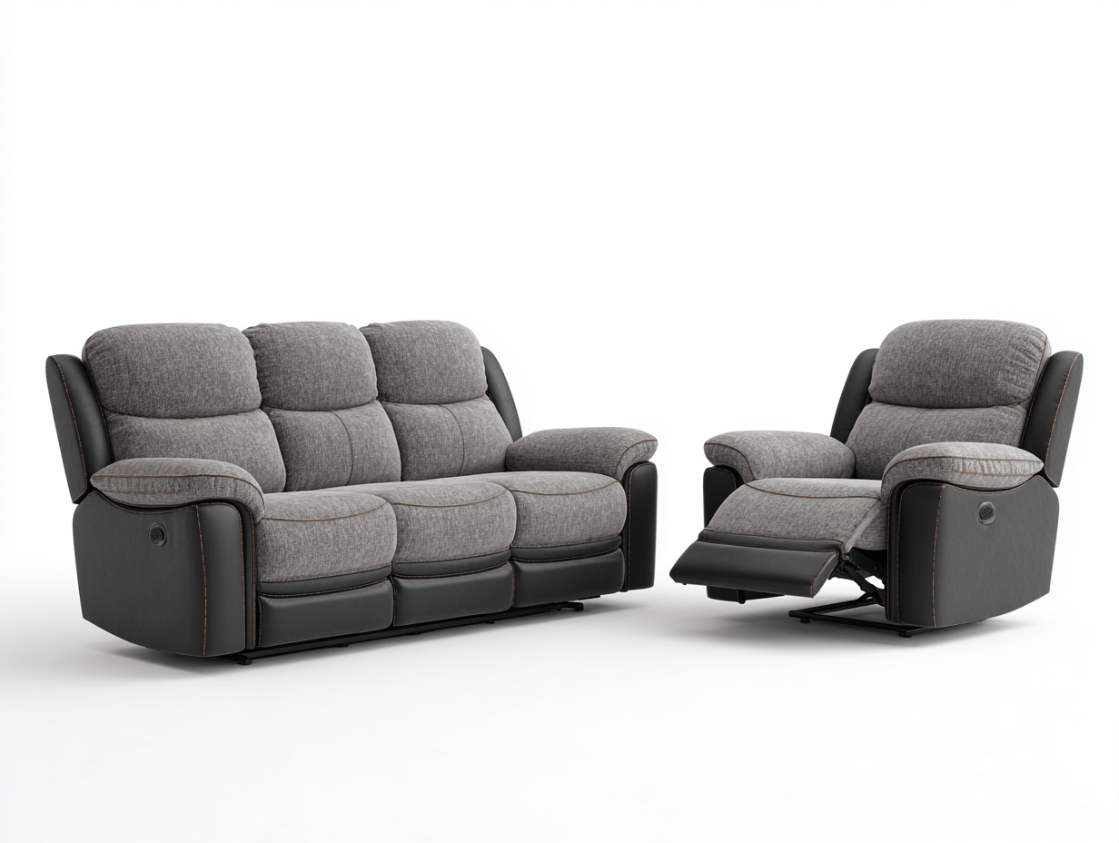Canapé et fauteuil inclinables en tissu gris et similicuir noir - style moderne - confort ergonomique-Homelyosa
