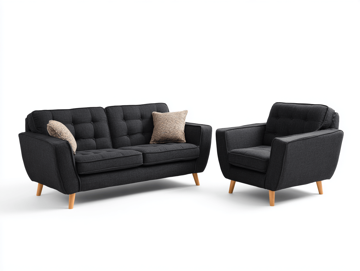 Canapé 3 places et fauteuil en tissu noir - pieds en bois - style scandinave-Homelyosa