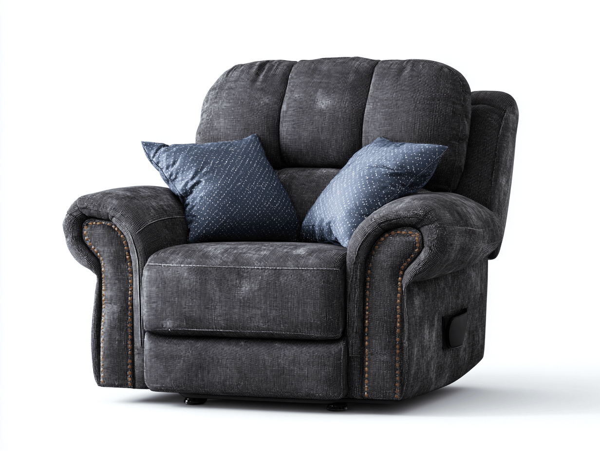 Fauteuil inclinable en tissu gris foncé avec accoudoirs rembourrés - détails décoratifs et coussins assortis-Homelyosa