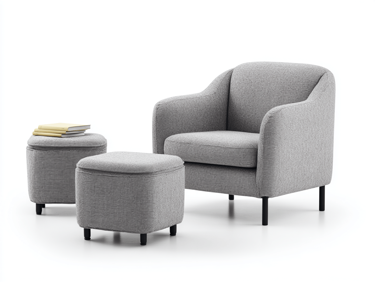 Fauteuil en tissu gris avec deux repose-pieds - pieds en métal noir - style moderne-Homelyosa