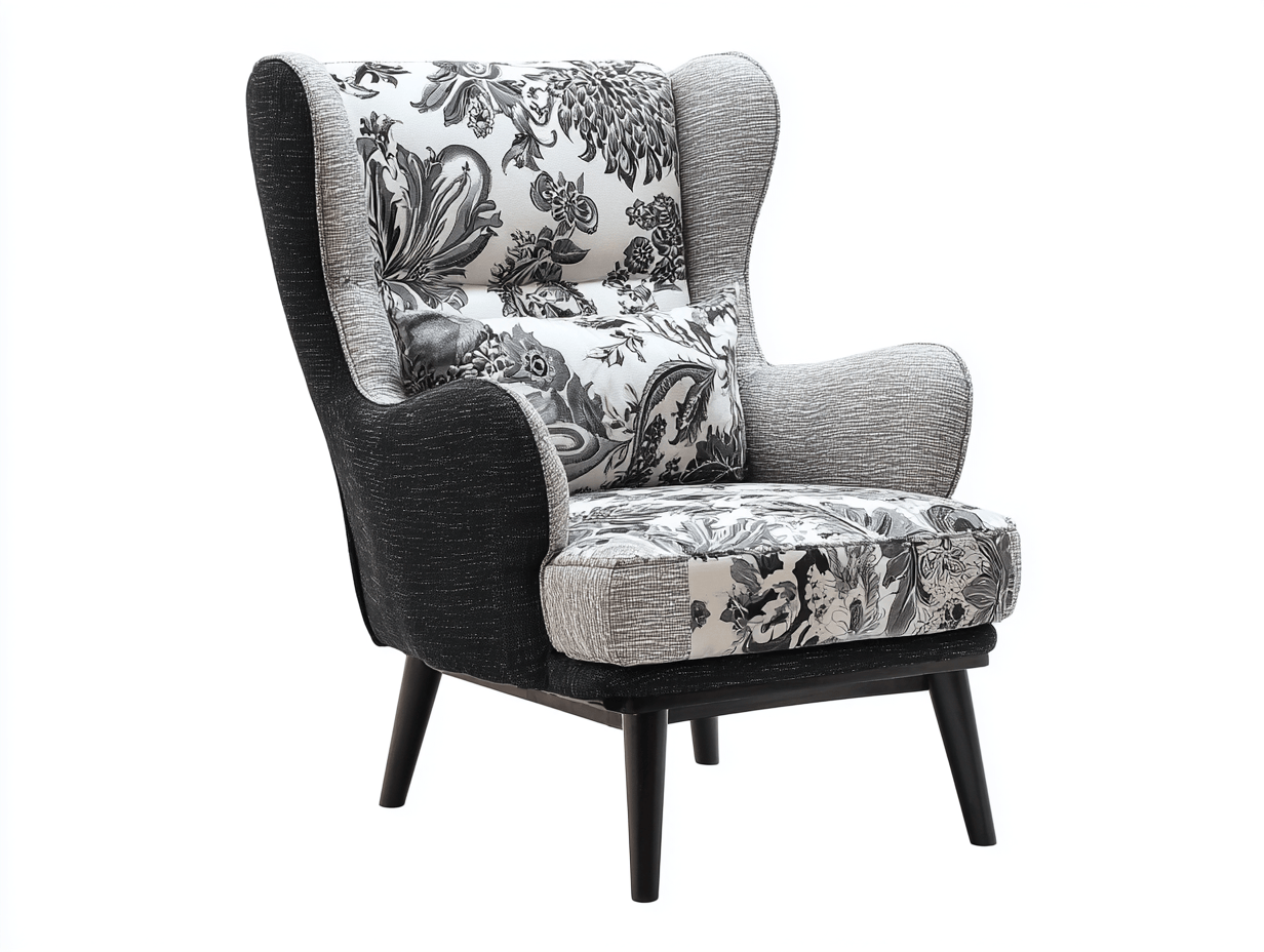 Fauteuil à oreilles - tissu patchwork floral gris et noir - pieds bois foncé - style contemporain-Homelyosa