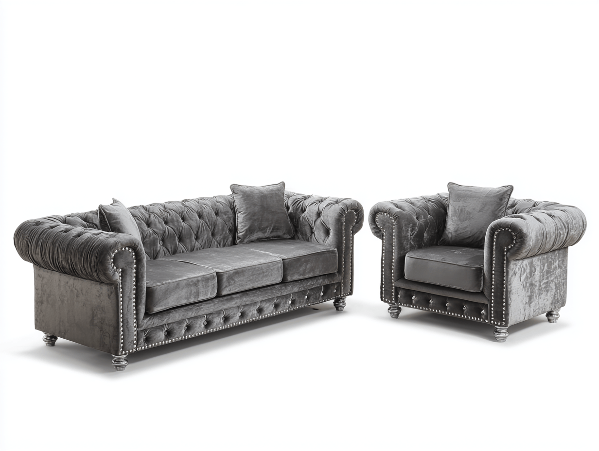 Canapé et fauteuil en velours gris - style Chesterfield - design capitonné avec clous décoratifs-Homelyosa