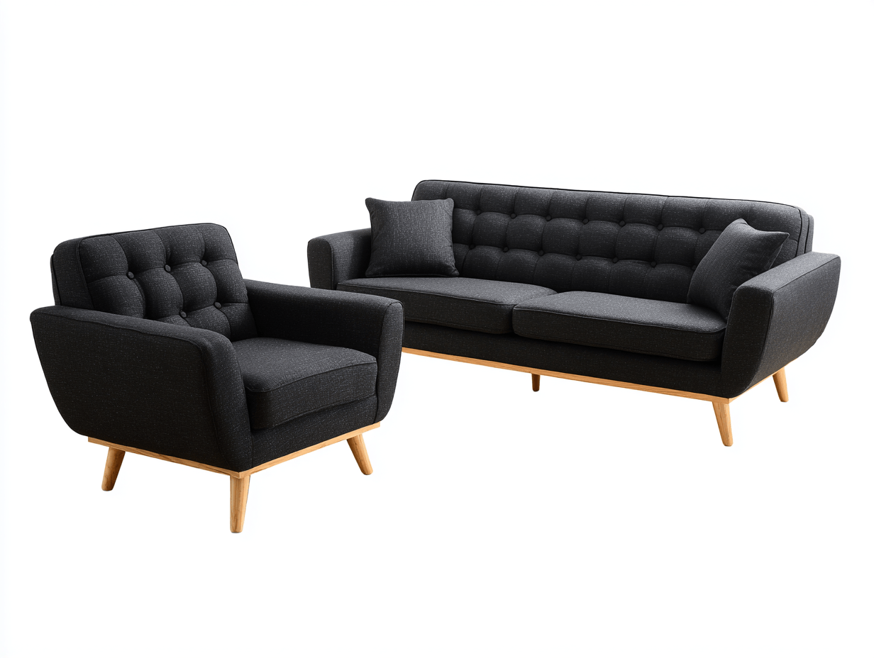Canapé 3 places et fauteuil en tissu noir - pieds en bois - style scandinave-Homelyosa