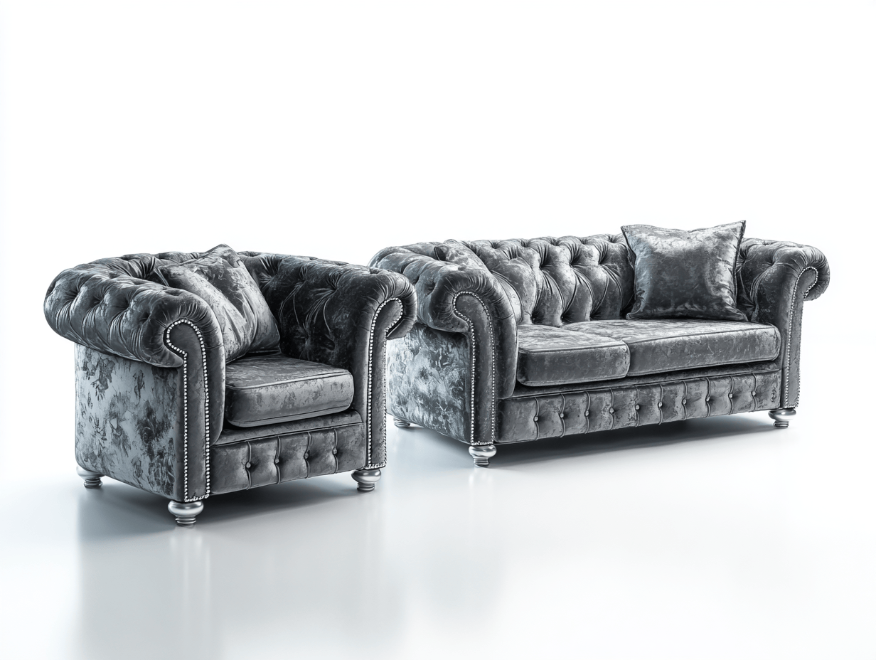 Canapé et fauteuil en velours gris - style Chesterfield - design capitonné-Homelyosa