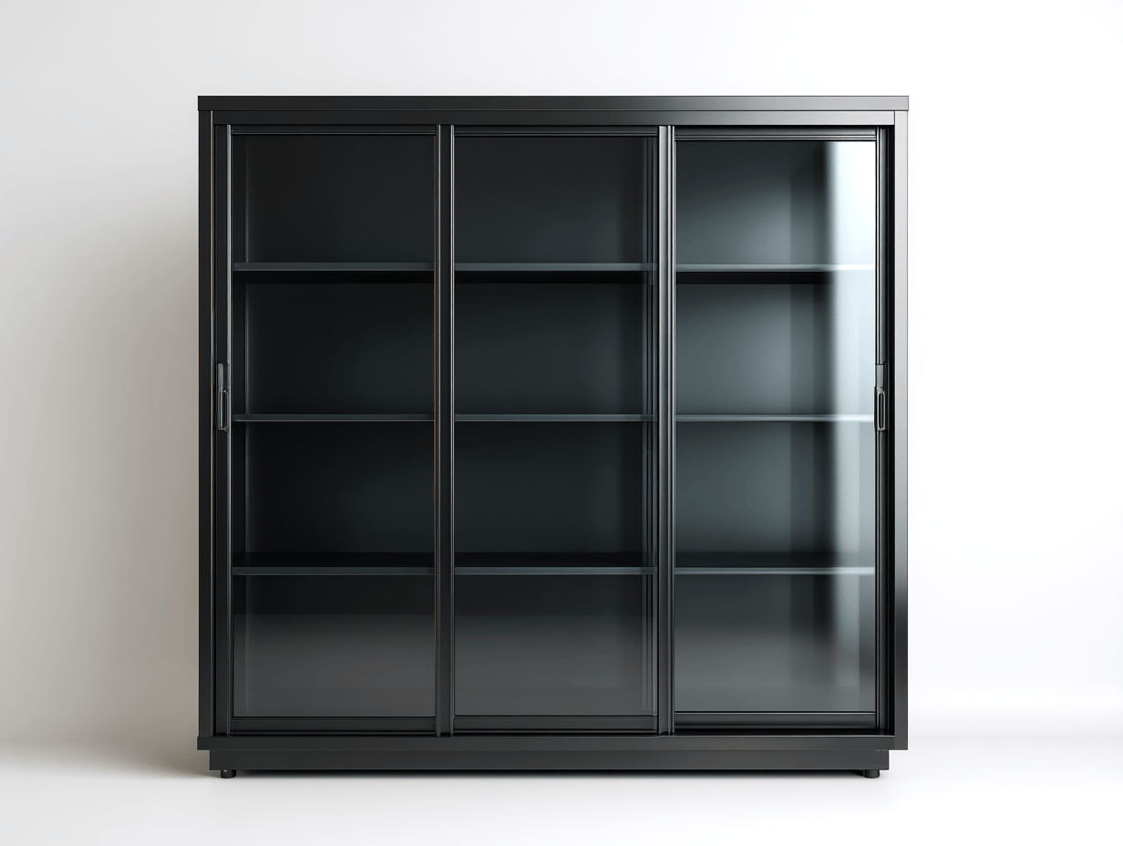 Vitrine 3 portes coulissantes en verre - structure métallique noire-Homelyosa