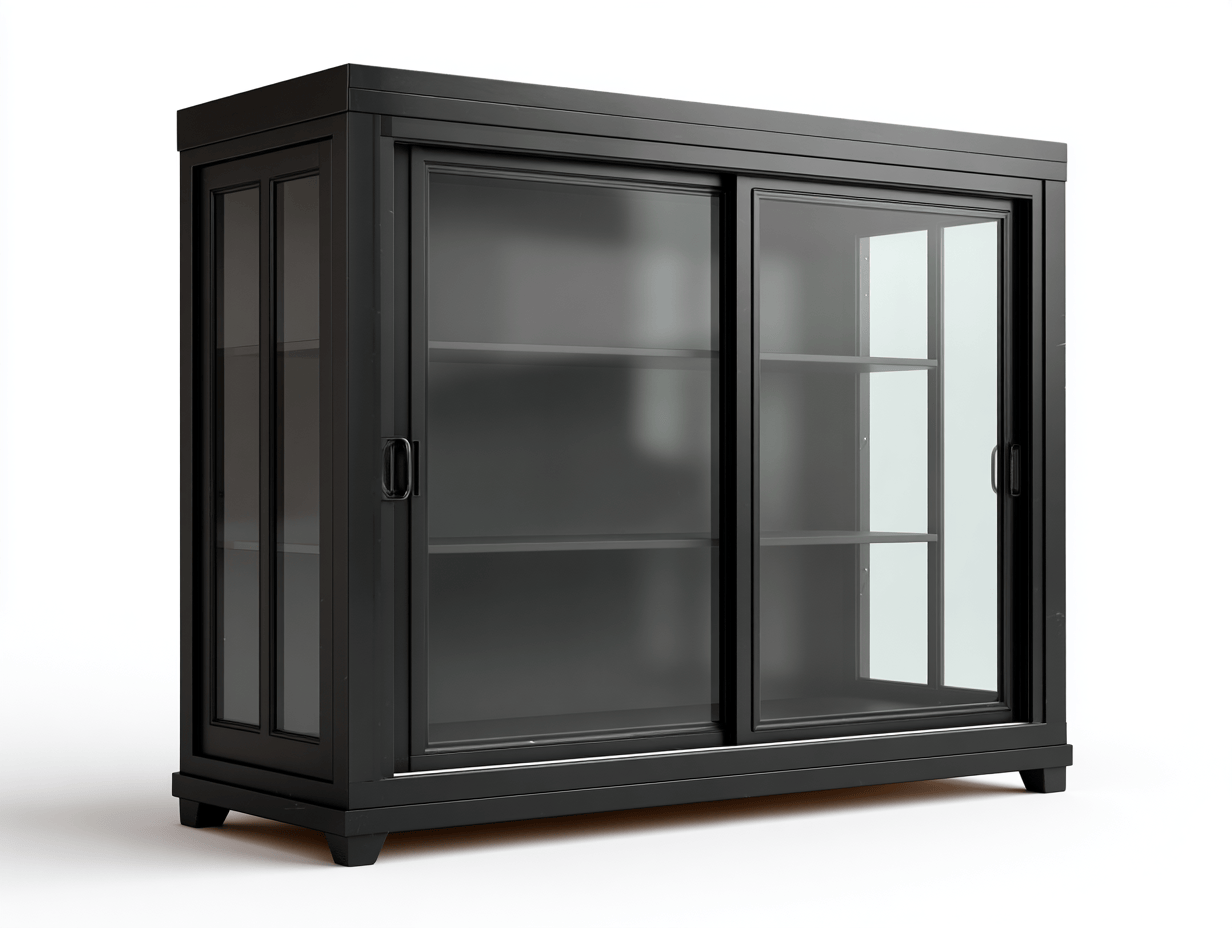 Vitrine 2 portes coulissantes en verre dépoli - structure métallique noire à panneaux latéraux-Homelyosa