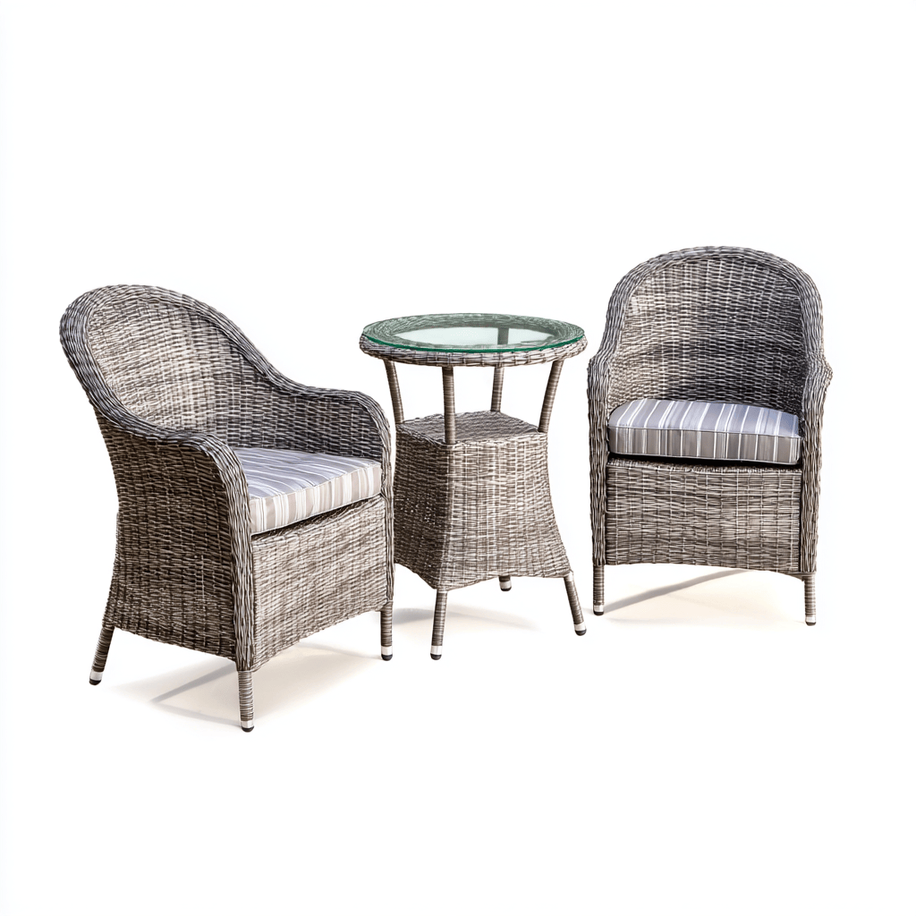 Ensemble bistrot de jardin en résine tressée avec coussins à rayures - table ronde avec plateau en verre-Homelyosa