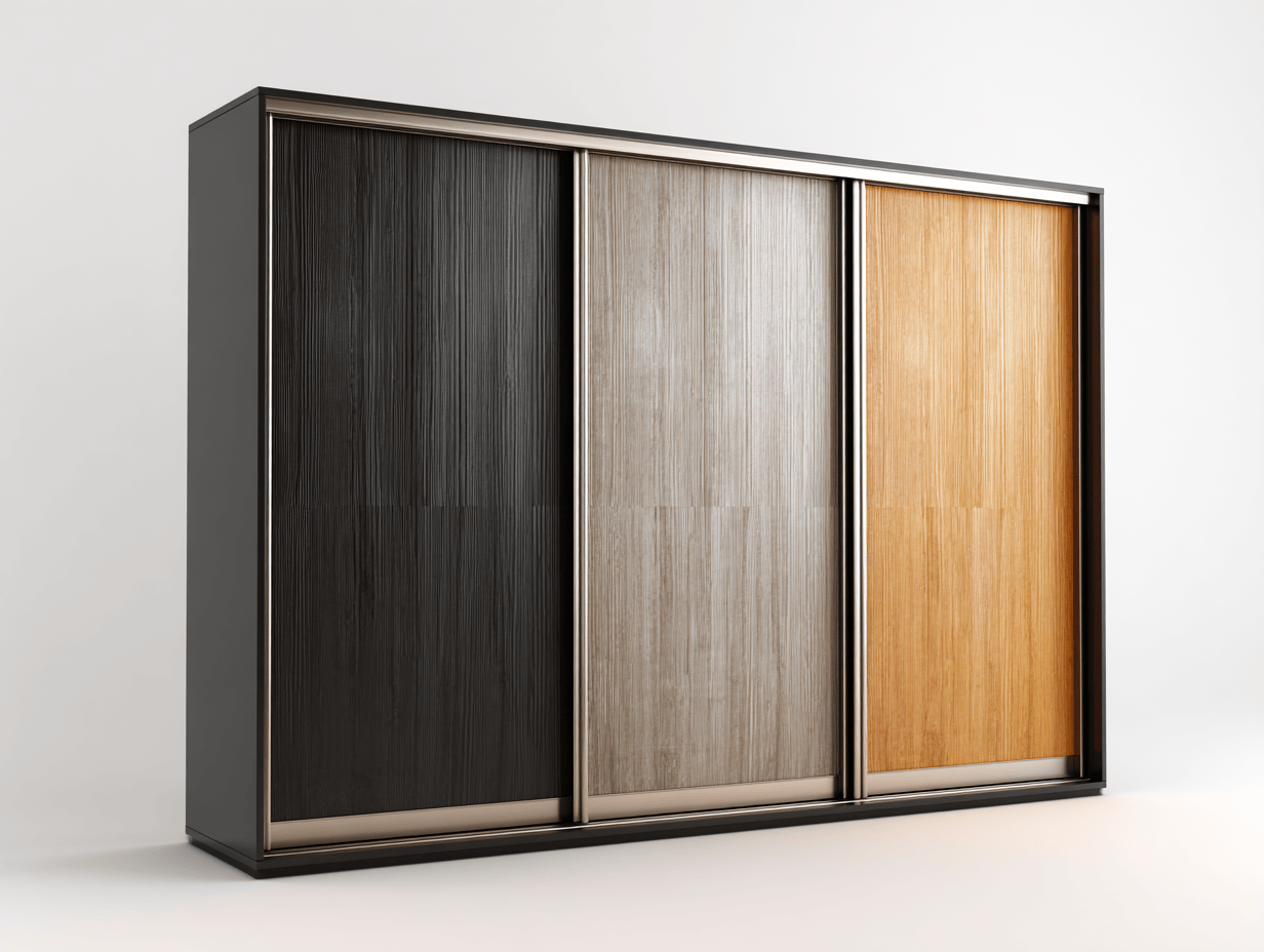 Armoire 3 portes coulissantes - façade tricolore bois noir, gris et chêne clair-Homelyosa