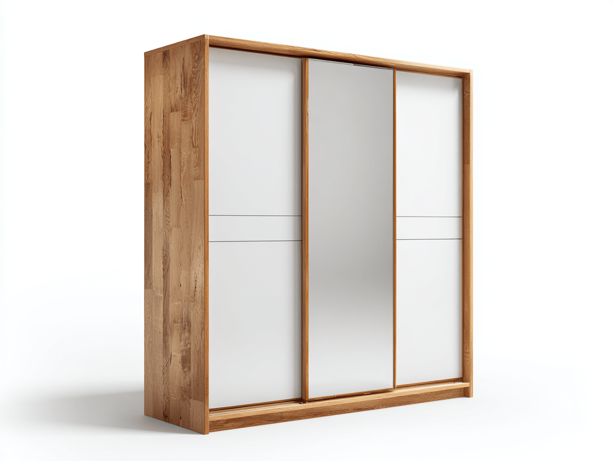 Armoire 3 portes coulissantes avec miroir central - cadre chêne naturel et panneaux blancs à lignes décoratives-Homelyosa