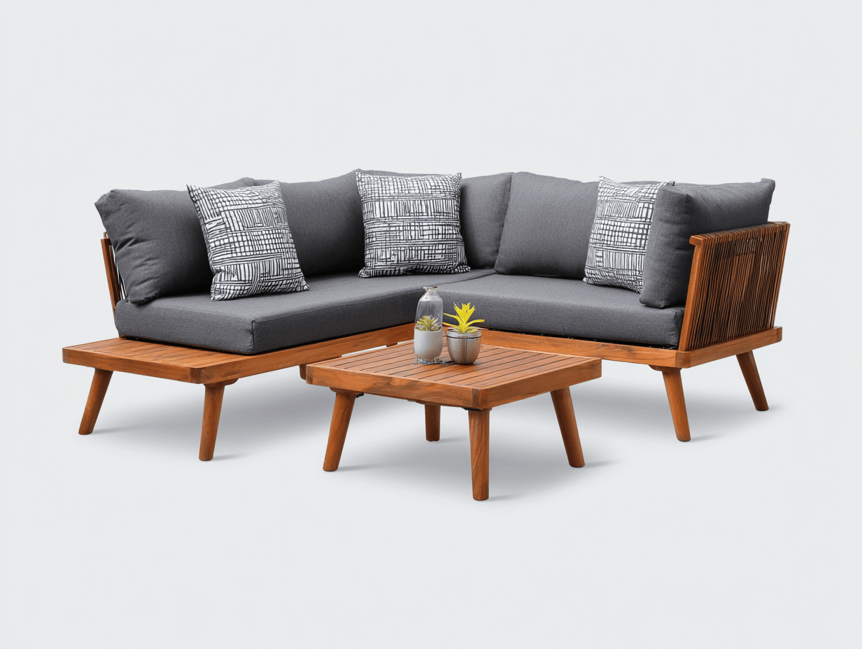 Salon de jardin d'angle en bois d'acacia avec coussins gris - table basse assortie-Homelyosa