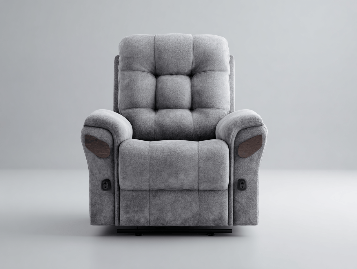 Fauteuil inclinable en tissu gris clair avec accoudoirs rembourrés et commandes latérales - dossier capitonné - design fonctionnel-Homelyosa