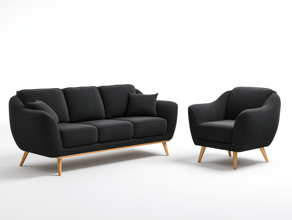 Canapé 3 places et fauteuil en tissu noir - pieds en bois - design moderne-Homelyosa