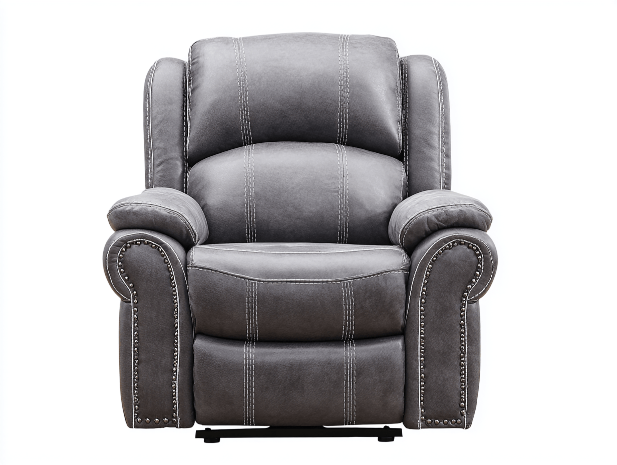 Fauteuil inclinable en cuir gris - surpiqûres blanches - clous décoratifs - assise rembourrée - accoudoirs confortables-Homelyosa