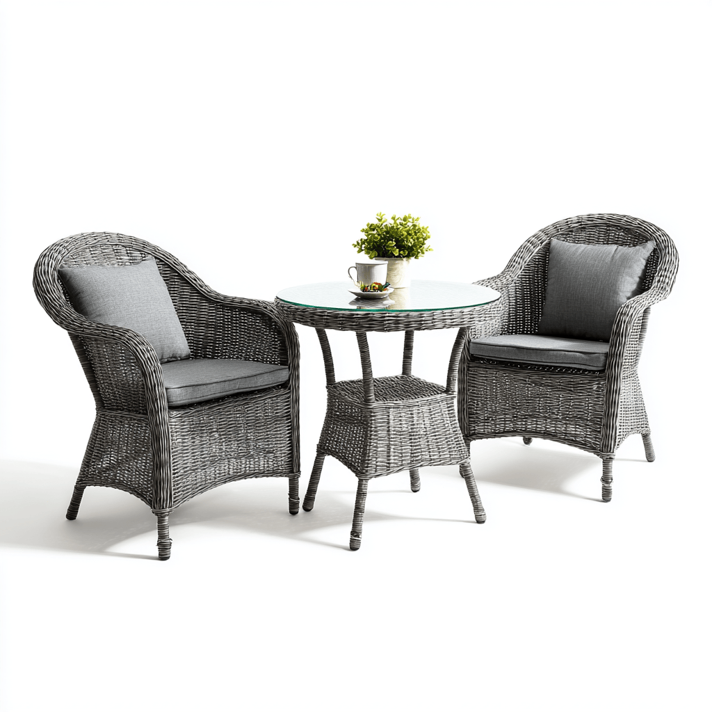 Ensemble bistrot de jardin en résine tressée avec coussins gris - table ronde avec plateau en verre-Homelyosa