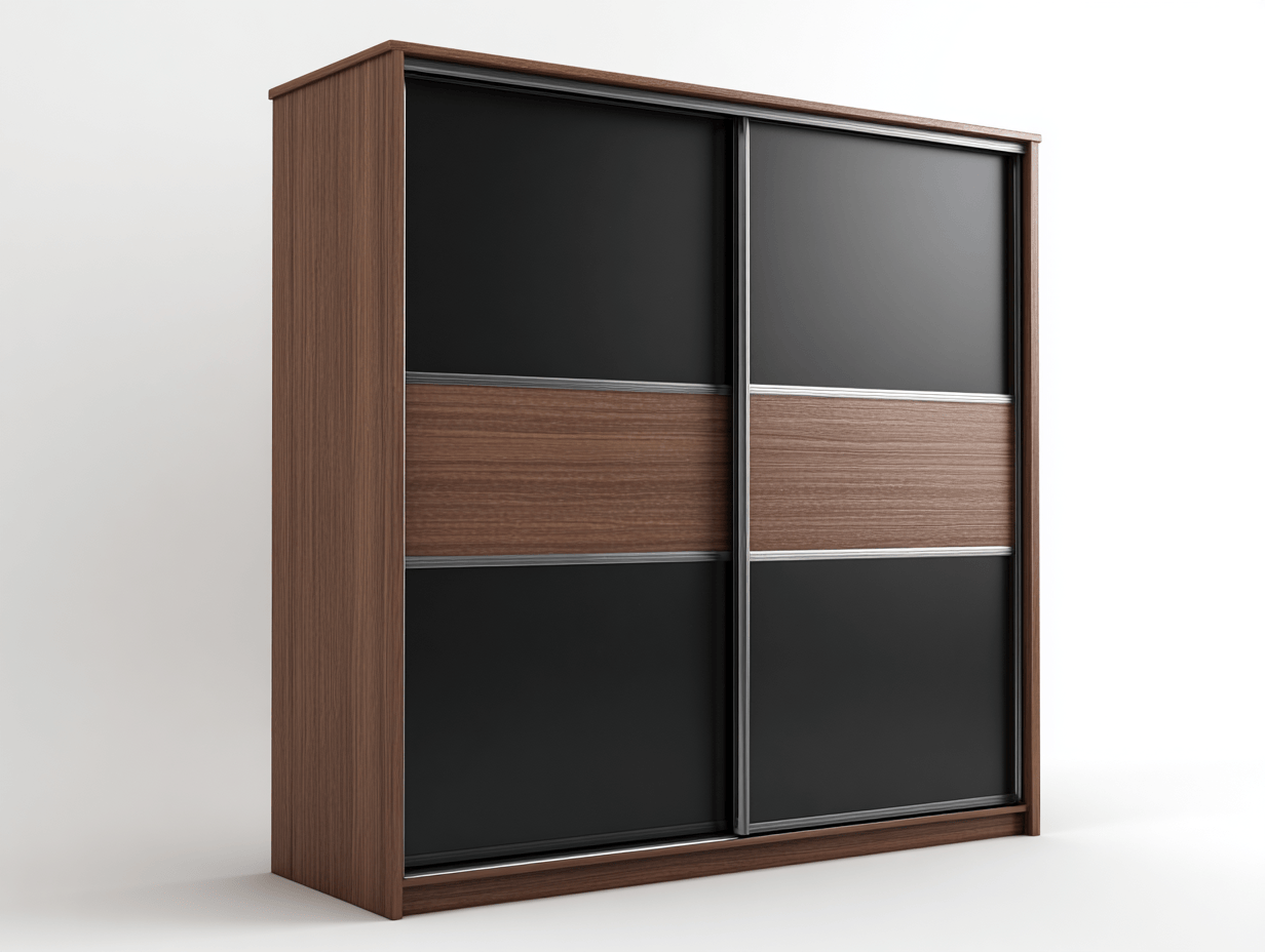 Armoire 2 portes coulissantes - structure bois marron avec panneaux noirs et bande centrale noyer-Homelyosa