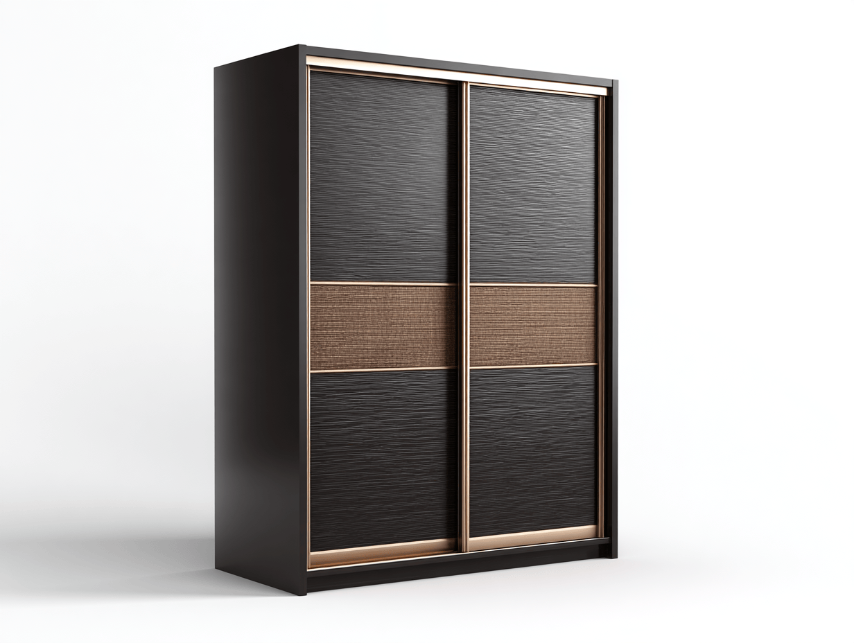 Armoire 2 portes coulissantes - structure noire avec panneaux texturés et bande centrale marron-Homelyosa