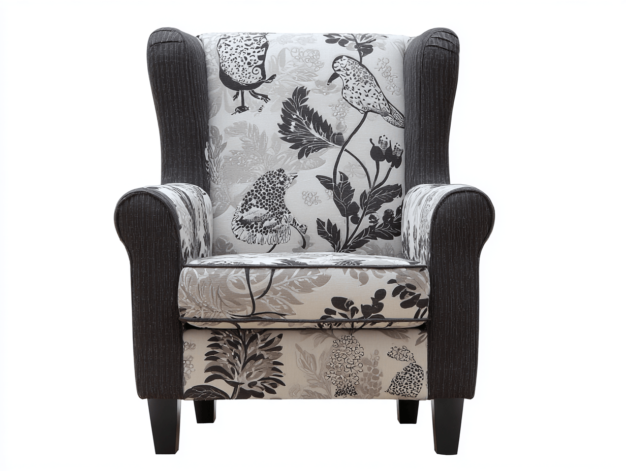 Fauteuil à oreilles - tissu imprimé oiseaux et feuillages gris/noir - accoudoirs arrondis - pieds bois foncé - style classique-Homelyosa
