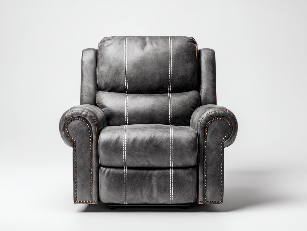 Fauteuil inclinable en cuir gris - surpiqûres blanches - accoudoirs à clous décoratifs-Homelyosa