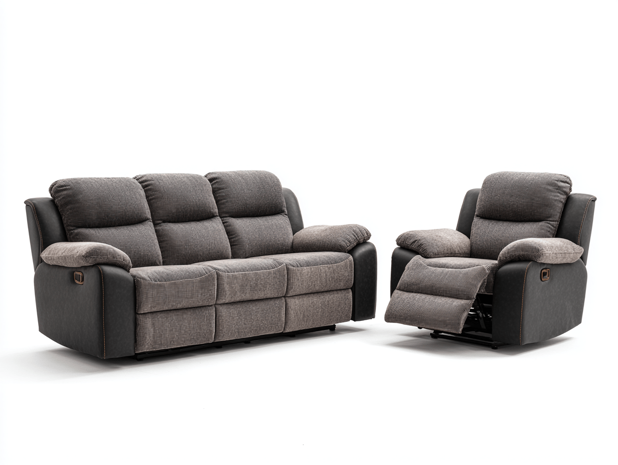 Canapé et fauteuil inclinables en tissu gris foncé et similicuir noir - style moderne - confort optimal-Homelyosa