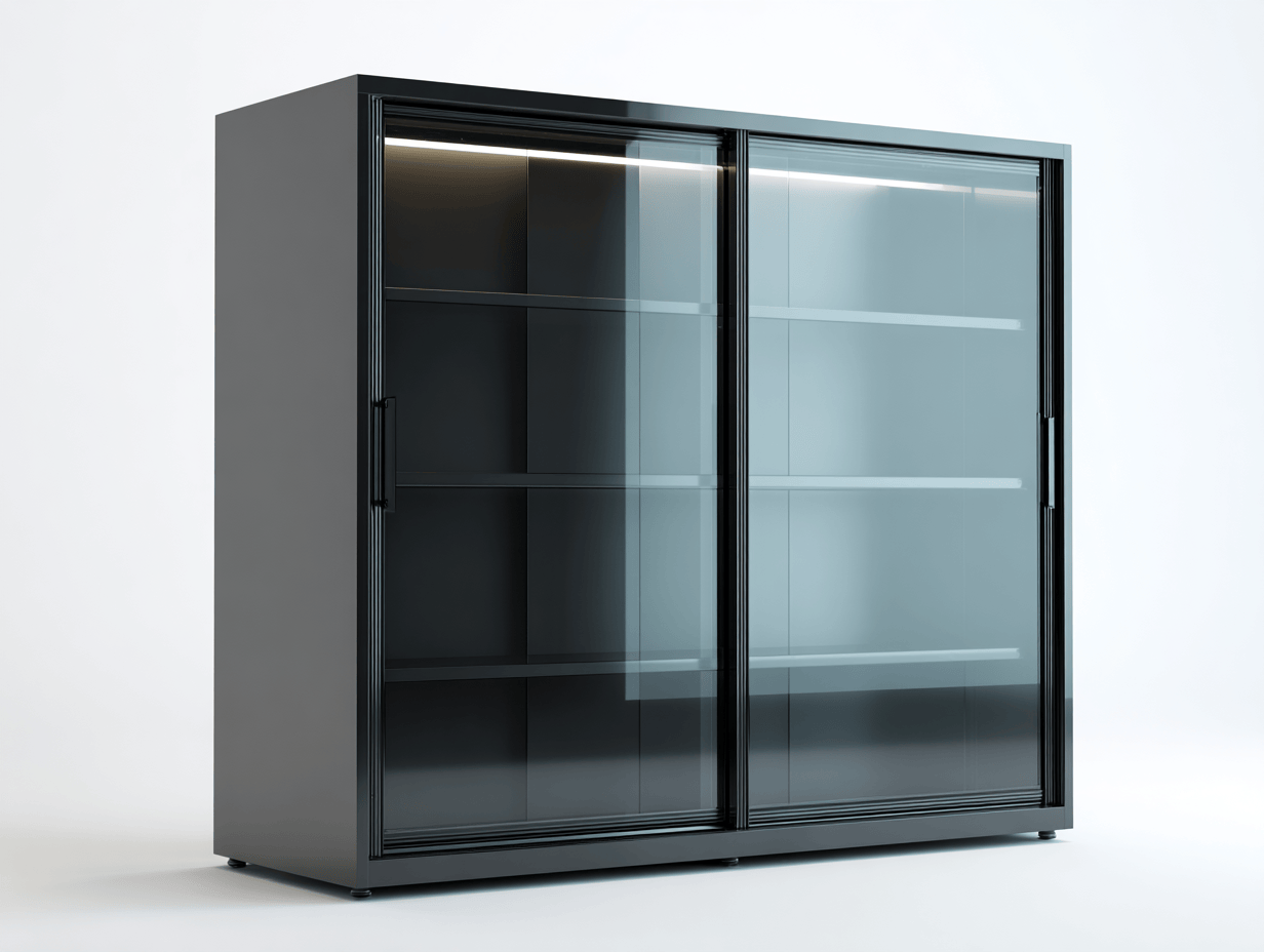 Vitrine 2 portes coulissantes en verre avec éclairage LED - structure métallique noire-Homelyosa