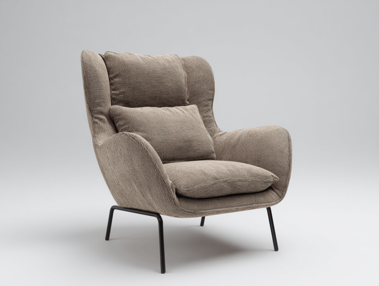 Fauteuil en tissu taupe avec coussins amovibles et pieds métalliques noirs - style scandinave élégant-Homelyosa