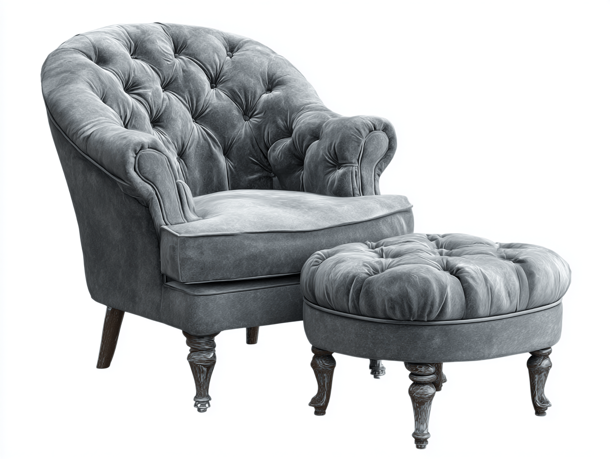 Fauteuil en velours gris capitonné 90x88x102 cm - avec repose-pieds - pieds tournés en bois - style vintage-Homelyosa