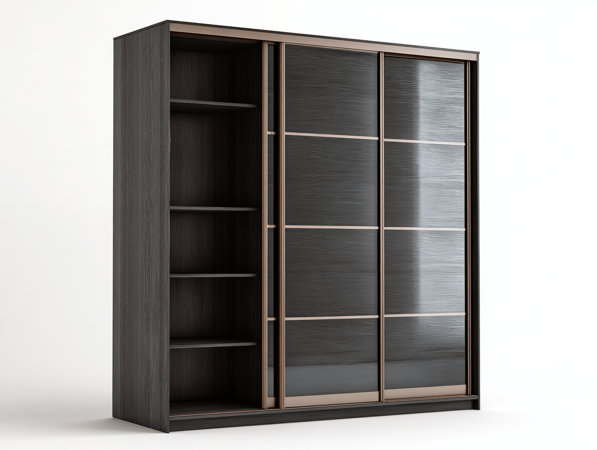 Armoire 3 portes coulissantes - finition chêne noir et panneaux texturés avec étagères ouvertes-Homelyosa