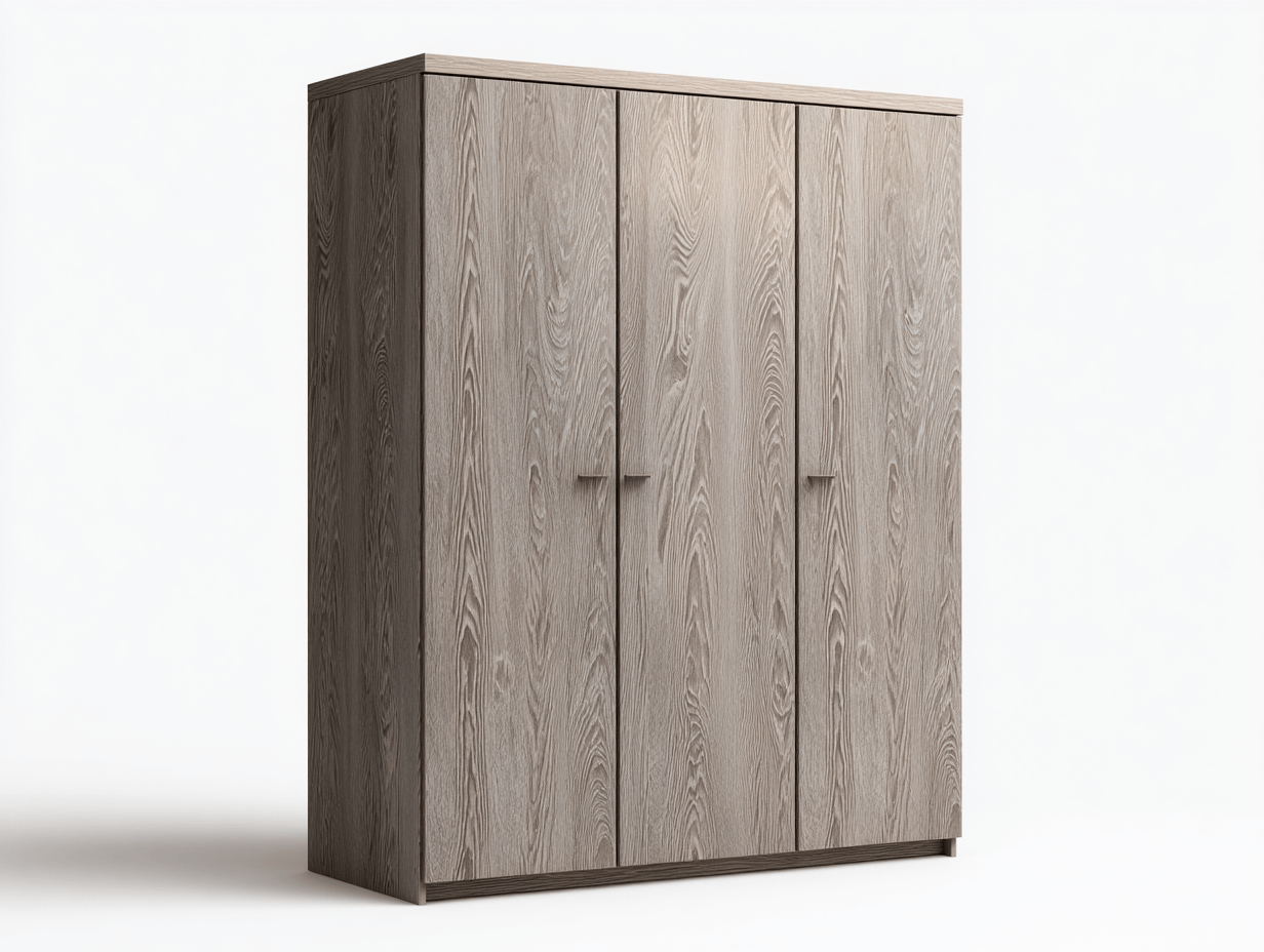 Armoire 3 portes en bois gris avec poignées discrètes - style moderne sobre-Homelyosa