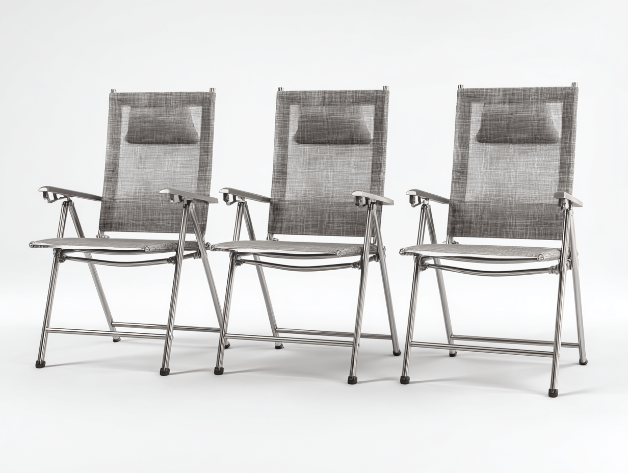 Lot de 3 chaises de jardin pliantes en aluminium et textilène - gris clair - dossier haut avec appui-tête-Homelyosa