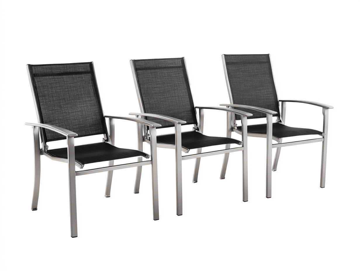 Lot de 3 chaises de jardin empilables en aluminium et textilène - noir/gris argent - design moderne avec accoudoirs-Homelyosa