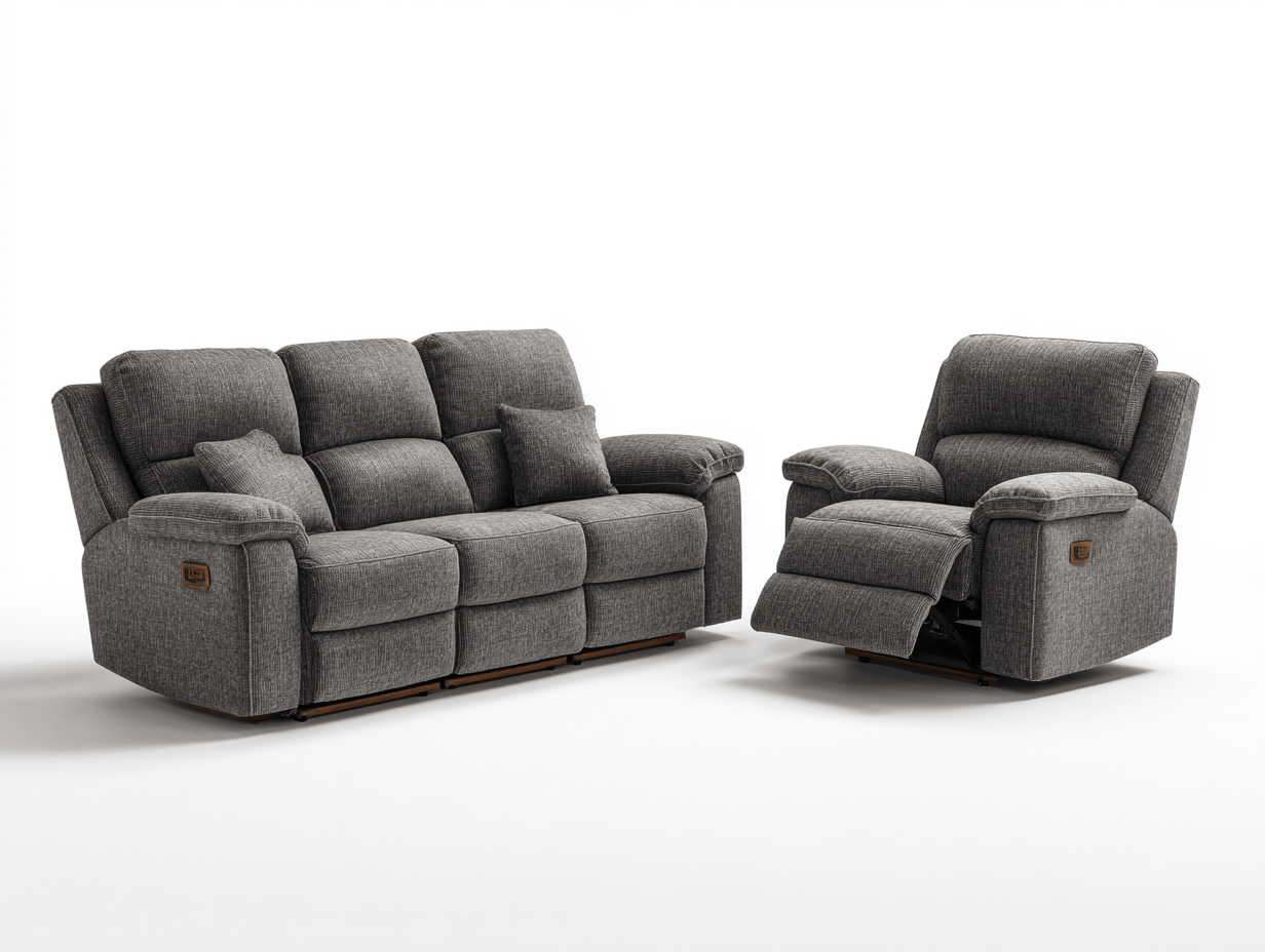 Canapé et fauteuil inclinables en tissu gris foncé - style moderne - avec coussins décoratifs-Homelyosa
