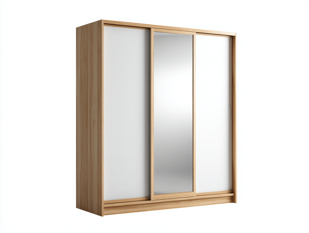Armoire 3 portes coulissantes avec miroir central - cadre chêne clair et panneaux blancs-Homelyosa