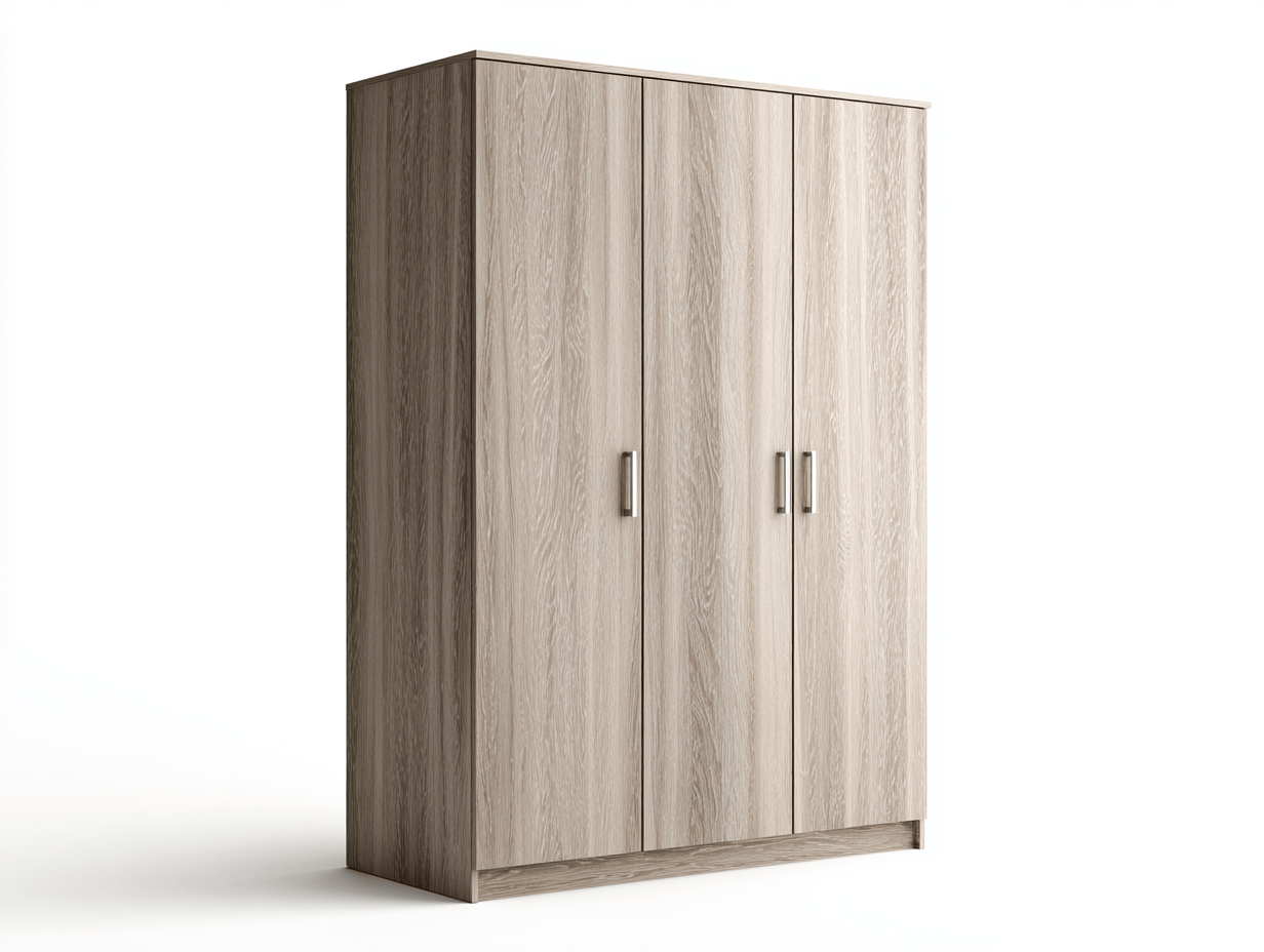 Armoire 3 portes finition bois gris clair avec poignées métalliques droites - style moderne fonctionnel-Homelyosa