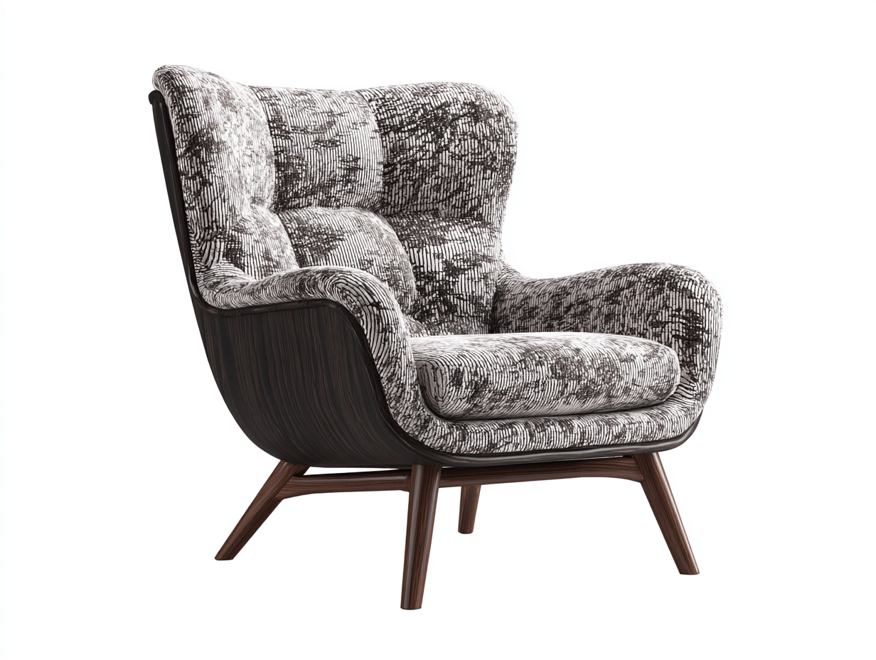 Fauteuil haut dossier - tissu imprimé gris et noir - piètement bois foncé - style contemporain-Homelyosa