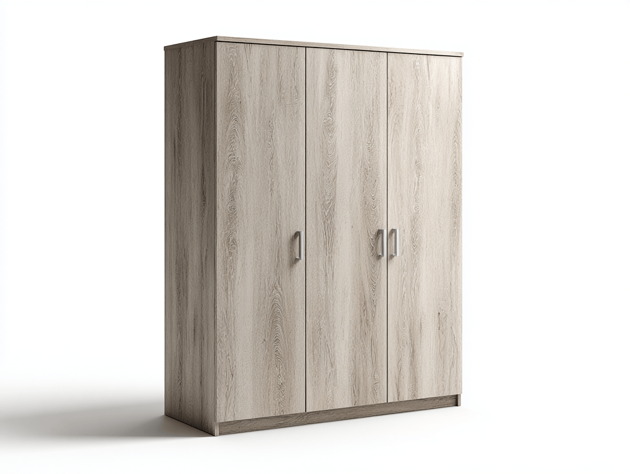 Armoire 3 portes finition bois gris clair avec poignées métalliques courbées - style épuré contemporain-Homelyosa