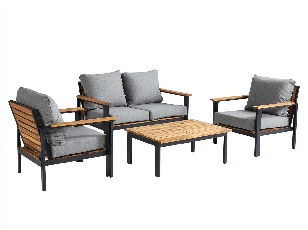 Salon de jardin 4 pièces - cadre noir et bois - coussins gris - table basse à plateau en lattes-Homelyosa