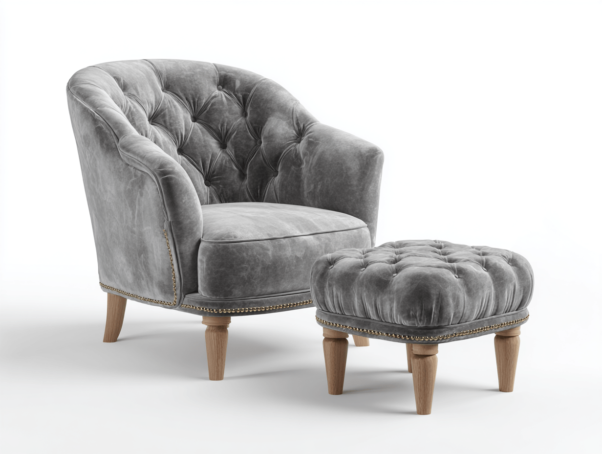 Fauteuil en velours gris capitonné 88x84x96 cm - avec repose-pieds - pieds en bois clair - style classique-Homelyosa