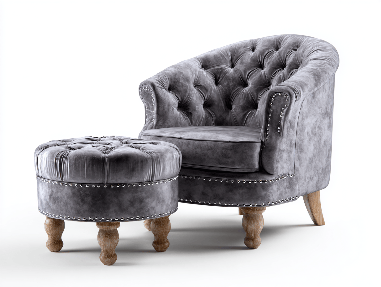 Fauteuil en velours gris capitonné 90x85x98 cm - avec repose-pieds - pieds en bois clair - style classique-Homelyosa
