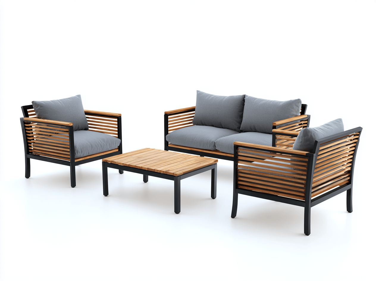 Salon de jardin 4 pièces - cadre noir et bois à lattes - coussins gris - table basse assortie-Homelyosa