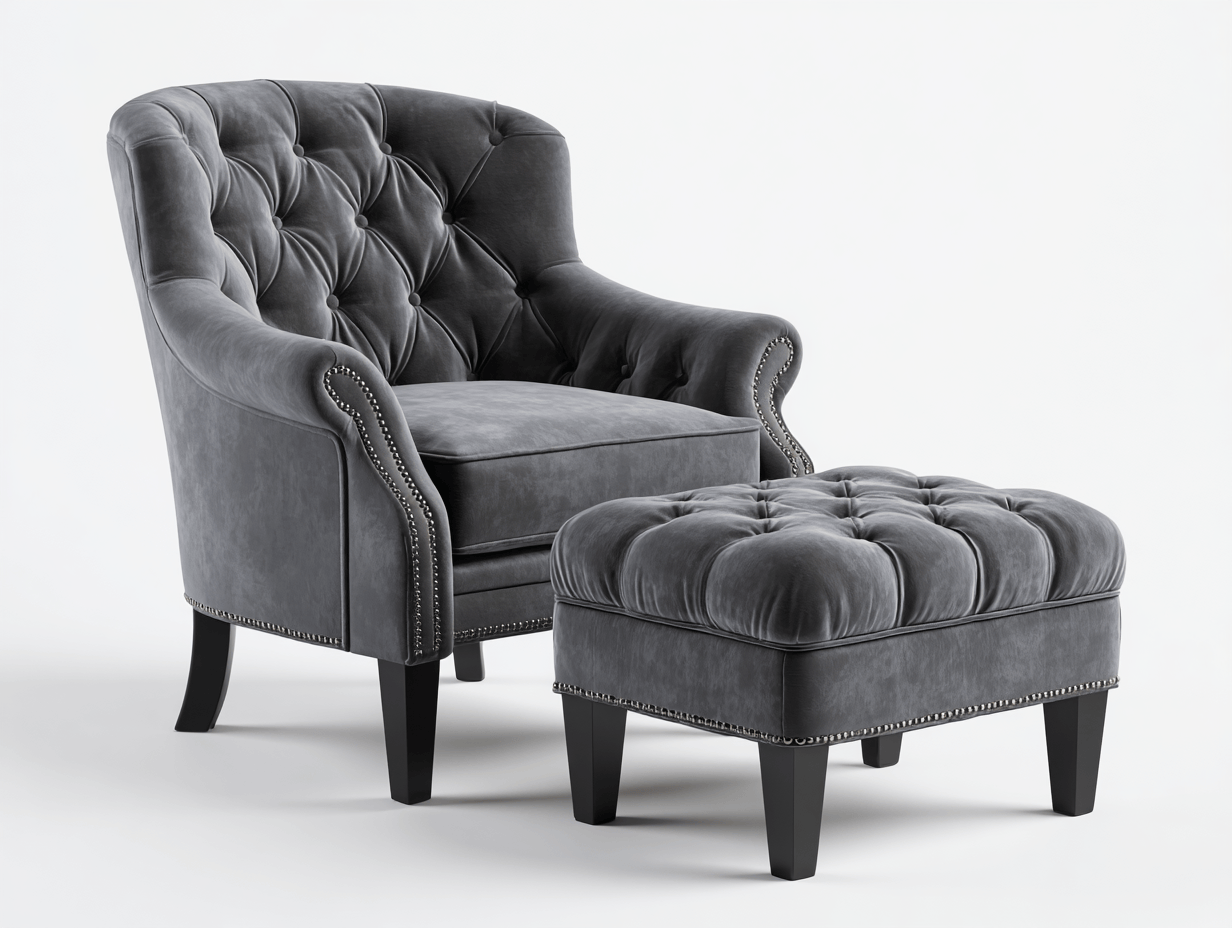 Fauteuil en velours gris capitonné 92x87x104 cm - avec repose-pieds - pieds en bois noir - style classique-Homelyosa