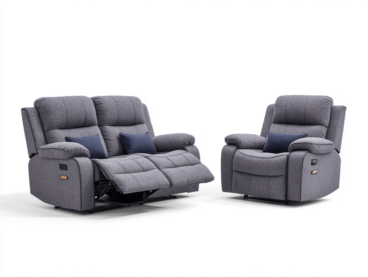 Canapé et fauteuil inclinables en tissu gris - style moderne - avec coussins décoratifs-Homelyosa