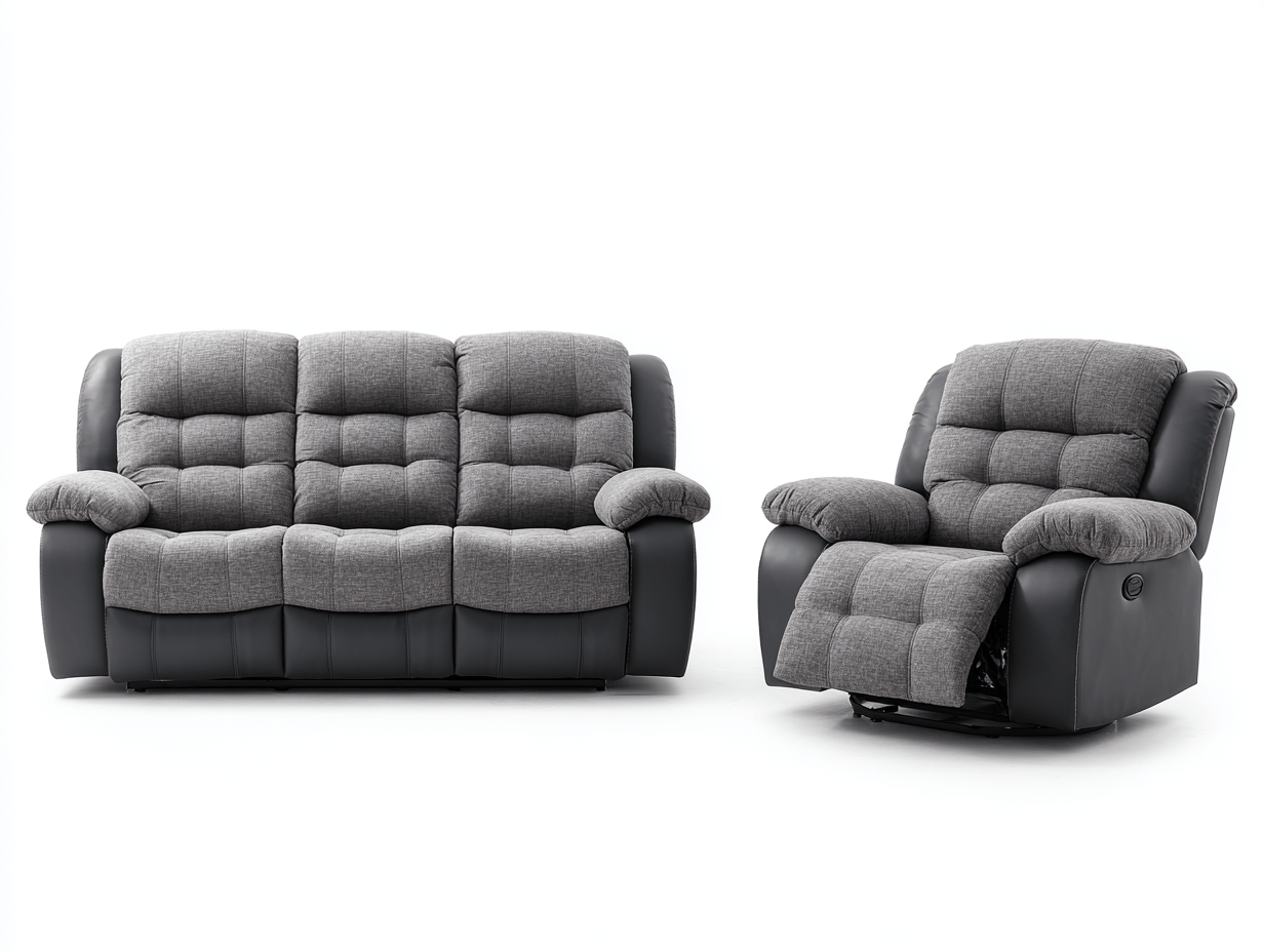 Canapé et fauteuil inclinables en tissu gris et similicuir noir - style moderne - confort rembourré-Homelyosa