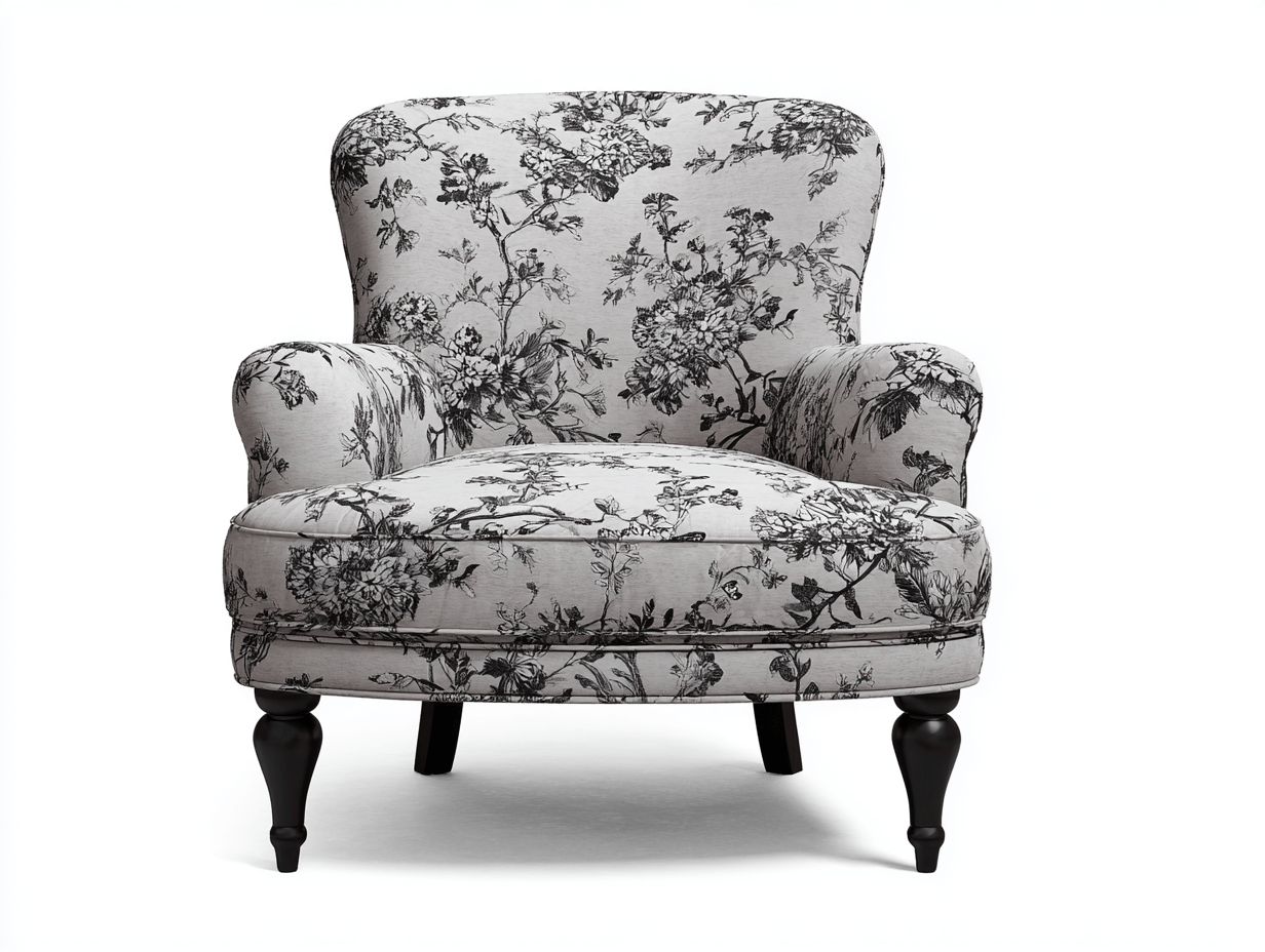 Fauteuil capitonné - tissu imprimé floral gris et noir - pieds bois foncé - style classique-Homelyosa