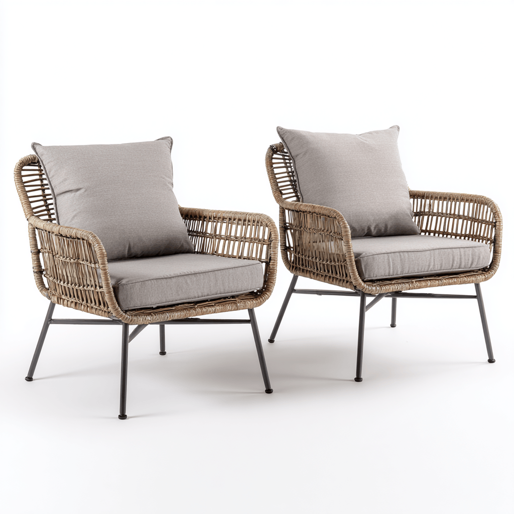 Lot de 2 fauteuils de jardin en rotin synthétique et métal - coussins gris - style moderne-Homelyosa