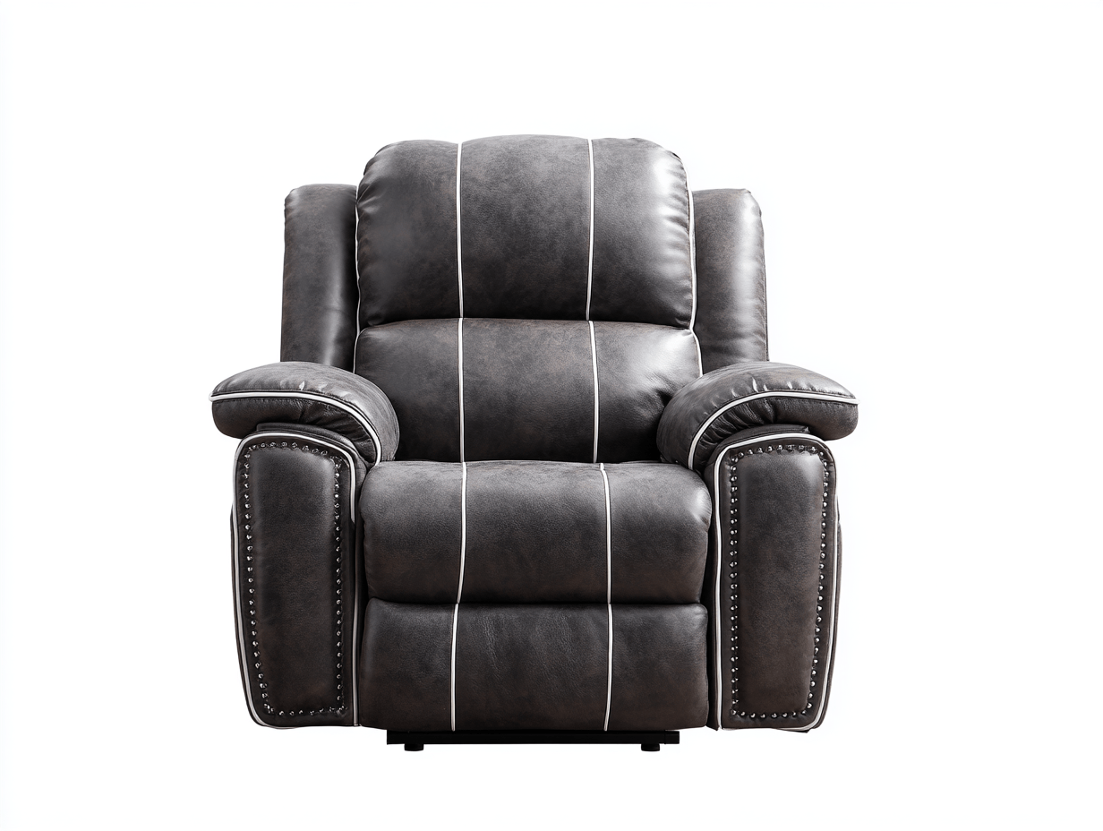 Fauteuil inclinable en cuir gris foncé - surpiqûres blanches - accoudoirs cloutés - assise rembourrée-Homelyosa