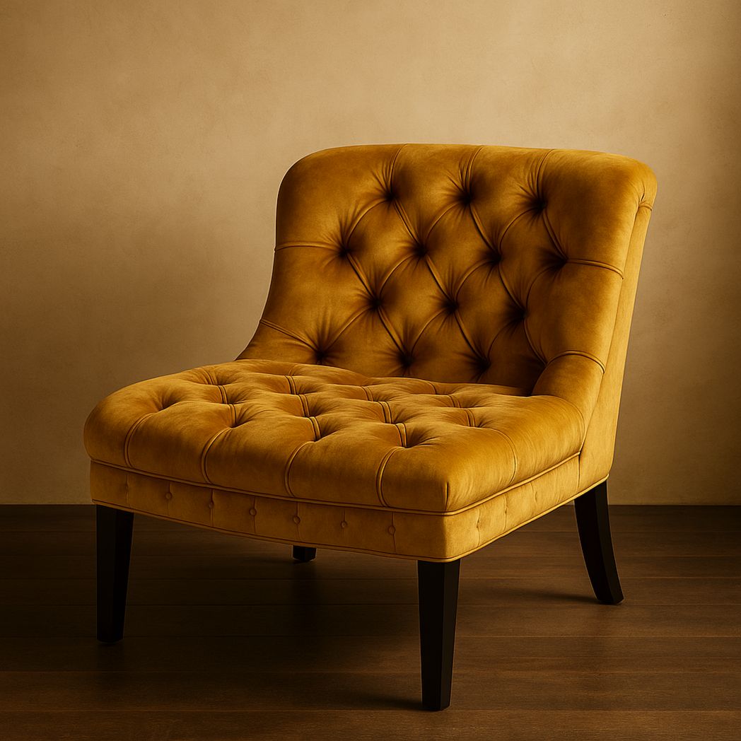 Chaise en Velours Moutarde avec Boutonnage et Pieds en Bois Massif-Vasolia