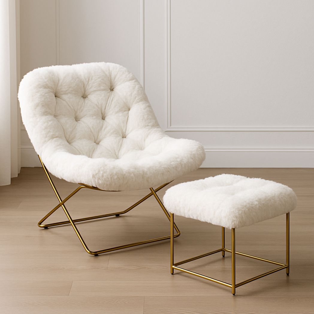 Fauteuil et Repose-pieds ensemble moderne en métal imitation fourrure blanche-Vasolia