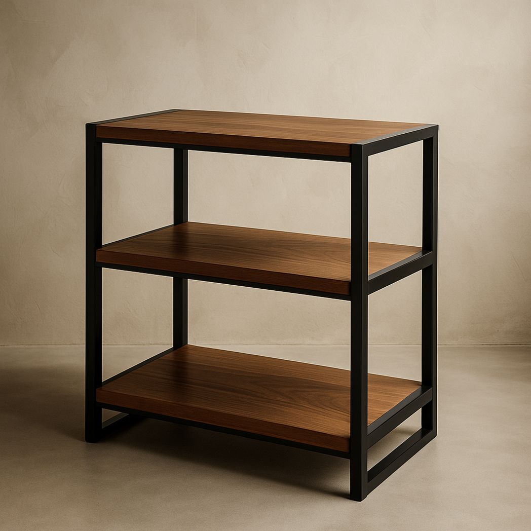 Étagère de rangement rectangulaire en métal noir et bois de noyer avec trois niveaux-Vasolia