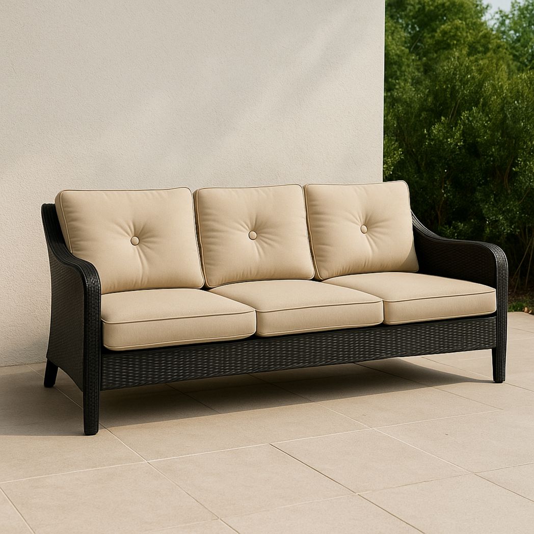 Canapé d'extérieur 3 places en résine tressée et coussins beige-Vasolia