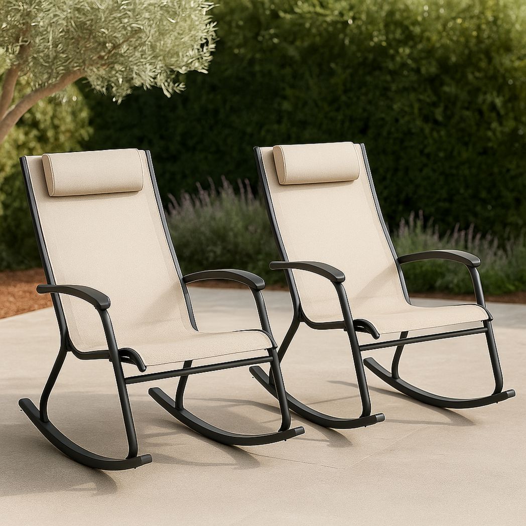 Ensemble de Deux Chaises à Bascule Extérieur en Aluminium avec Tissu Beige et Coussins-Vasolia